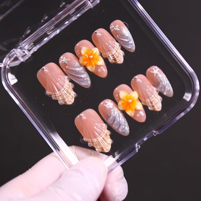 Women Press On Nails - Medium Length Almond False Nails 10Pcs Luxury Handmade 3D Painting Art ABS Acrylic Artificial Fingernails (Size S)