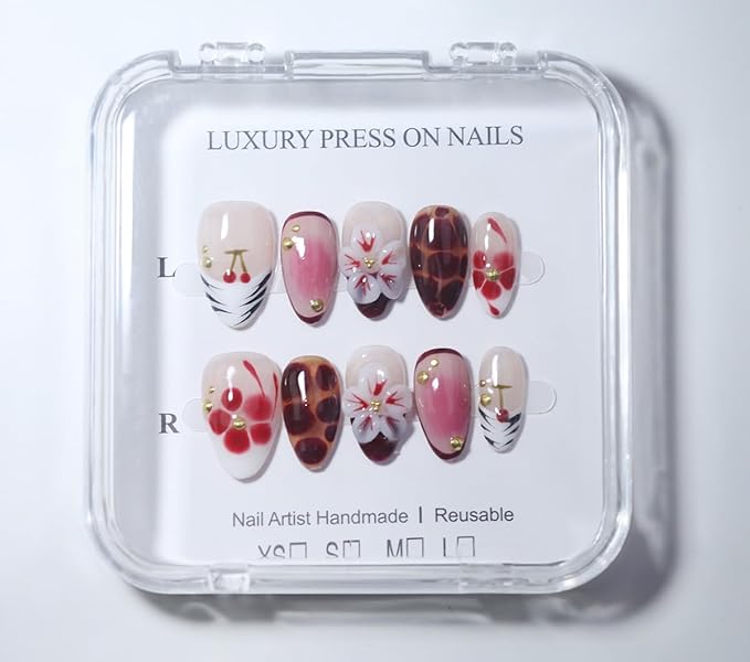 10Pcs Short Almond Handmade Press On Nails | Nude Pink & Red Ombre with Cherry, Tortoiseshell Print & 3D Floral Decor | Reusable Salon-Quality Fake Nails for Women and Girls(251213, S)