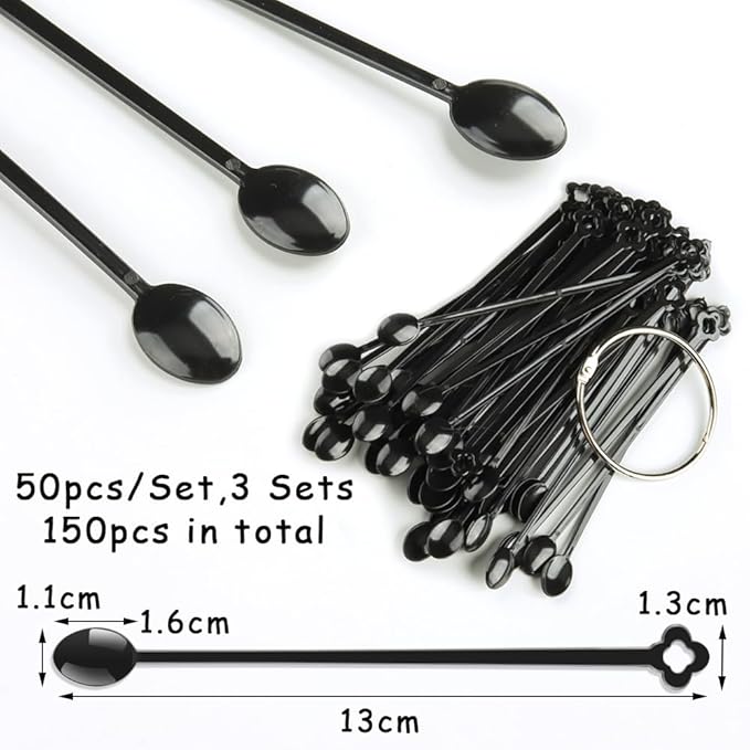 150 Pcs Black Spoon Shaped False Nail Swatch Sticks Nails Art Polish Practice Display Tips Acrylic Nail Sample Sticks With Metal Split Ring Nails tech Supplies for Home or Salon Use
