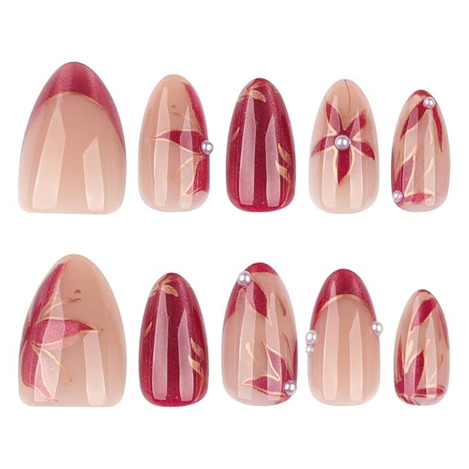 Short Almond Press on Nails, Red Cat Eye Press on Nails, Red Flower Fake Nails Press ons with Leaf & Pearl Designs, Glossy Nude Glue on Nails for Women, Glossy Finish | 12 Sizes - 24 Pcs