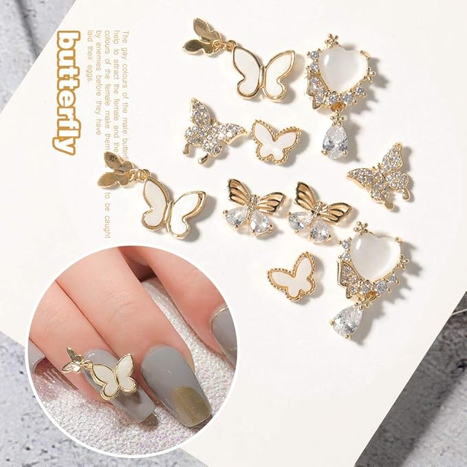 HNUIX Butterfly Nail Charms and Gems - Gold Copper Zircon, Multiple Shapes, Metal Bow-Knot Jewelry Rhinestones Charms, 27Pieces