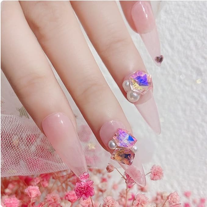 140 Pcs Crystals Rhinestones Set Nail Gems Pink Rhinestones Iridescent Clear Crystals Shiny Sharp Bottom Aurora 3D Nail Charms Nail Decorations for Nail Designs (colorful)