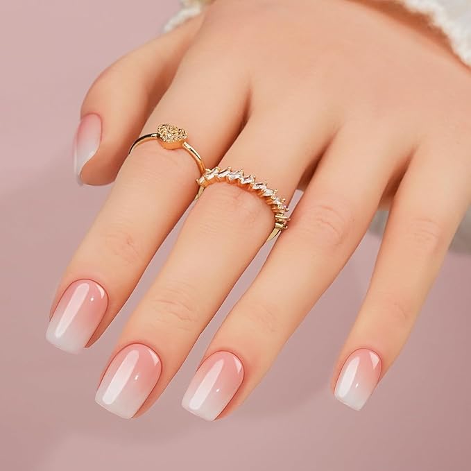 32 Pcs French Gradient Press on Nails Short Coffin Shaped Fake Nails with Pink White Gradient Designs Glitter Acrylic Nails Full Cover Bling Stick on Nails for Women Nails Manicure Decoration