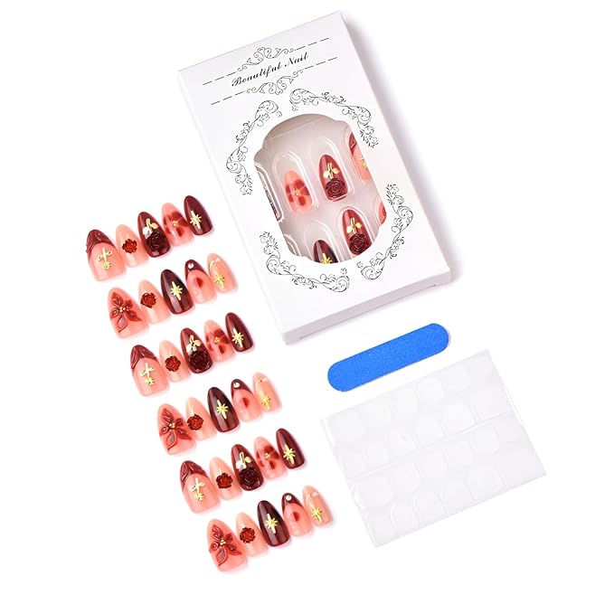 30Pcs Valentines Fake Nails Medium Almond Press on Nails 3D Flower Nails Press Ons wih Rose Design French Tip Glue on Nail Star False Nails Glossy Stick on Nail for Women Decoration Set