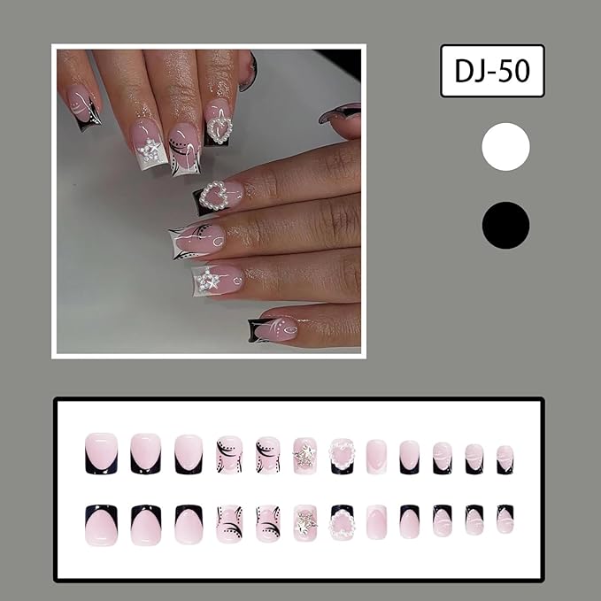 Press on Nails Short Square MABKJLF French Tip Fake Nails Black & White False Nails Stars Pearls Heart Charms Designs Glossy Glue on Nails Stick on Nails for Women Girls 24 Pcs