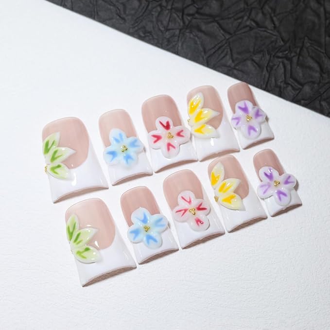 10Pcs Duck-shaped Handmade Press On Nails | French Style with 3D Floral & Rhinestone Decor | Easy to Apply, Remove & Reusable, Salon - Quality (25102, M)