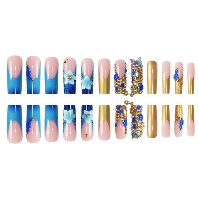 Long Square Press on Nails Fake Nails Artificial Nail Stick on Nail for Women Blue Flower and Butterfly Design with 3D Gold Diamonds and Pearl Accents on Light Pink Base