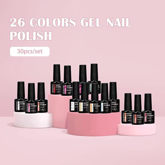 MEET ACROSS 30Pcs Jelly Gel Nail Polish Set Pastel Gel Polish Kit Pink Orange Green Semi-transparent Nail Polish Sheer Effect French Nail Art Gift for Women 26 Colors