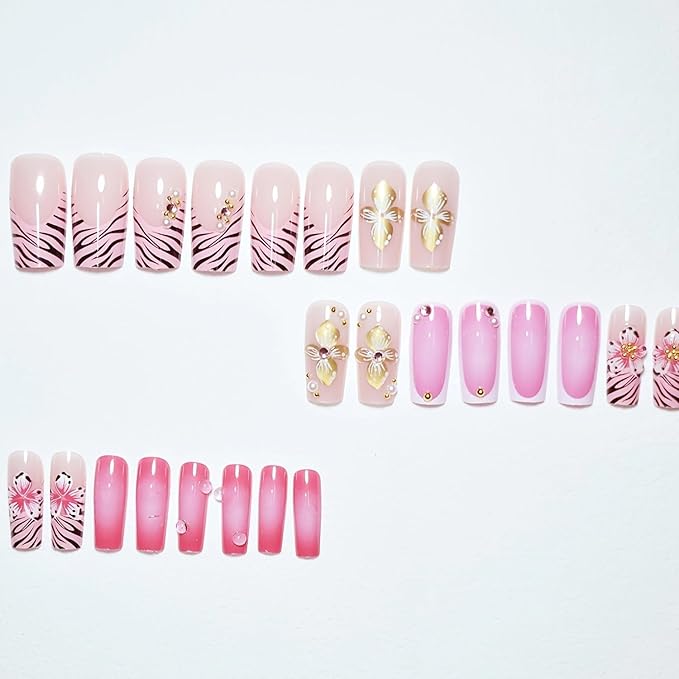 Press on Nails Coffin Long Length Acrylic Glossy Full Cover Square Shaped French False Nails with Designs Artificial Extra Long Fake Nails with Charms Glue ons Fingernails for Women(AS01)