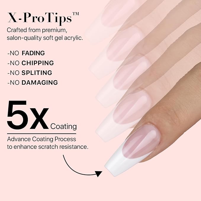 SXC Cosmetics French Tip Press On Nails Pink Series, Medium Coffin X-Pro Tips Starter Kit
