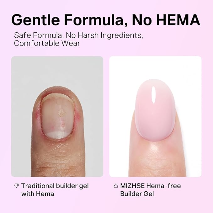MIZHSE HEMA-Free Hard Gel for Nails-1.06oz Jelly Nude Pink Builder Gel Nail Stengthener U V/LED Extension Gels for Nail Repair for Women