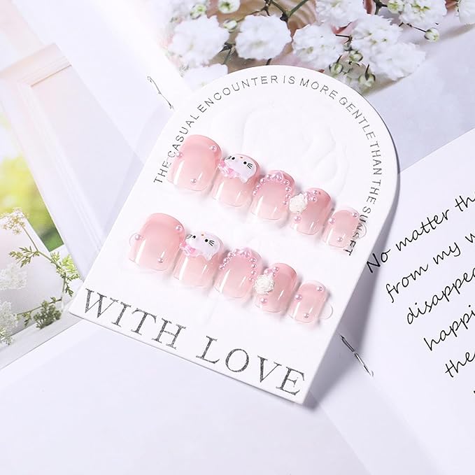 24Pcs Nude Pink French Tip Press on Nails Kit, Fake Nails Extra Short Square with 3D Pearl Designs Cute Cat False Nails French Tip Acrylic Nails Glue on Nails for Women Fashion Fingernails