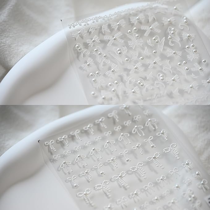 White Bow Ribbon Nail Art Stickers Pearl Lace Rhinestones Embossed Nail Decals for Nail Art Design Self-Adhesive Nail Accessories for Women Nail Art Supplies 3 Sheets