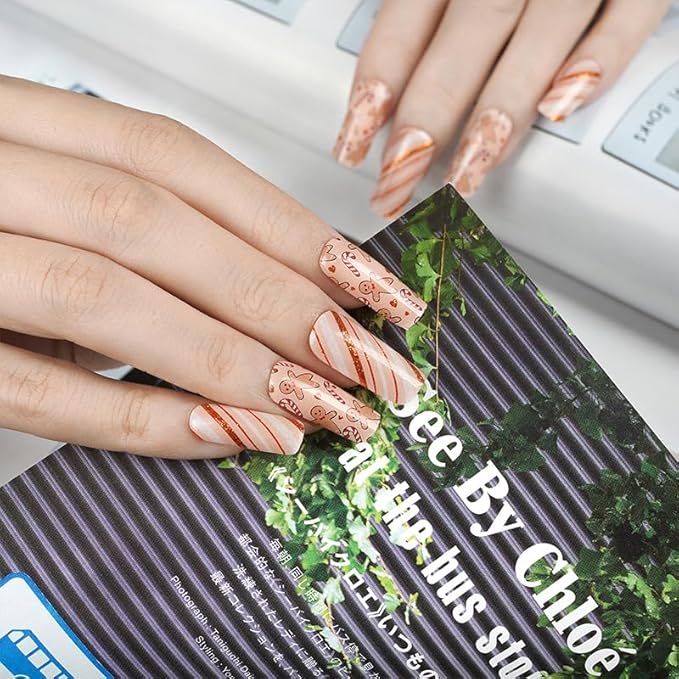 20pcs Christmas Semi Cured Gel Nail Strips - Salon-Grade DIY Wraps with Glaze Texture, Easy Application, UV Light Required for Festive Nails(Warm Toned Gingerbread Candy Nail)