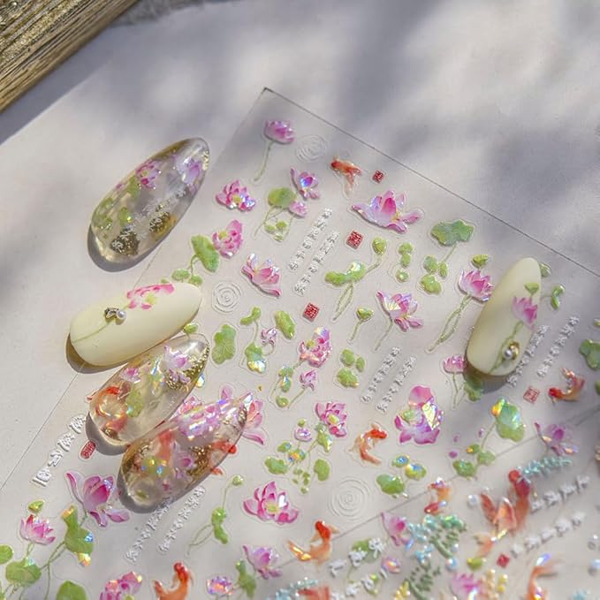 2Sheets Holographic Koi Fish and Lotus Flower Nail Art Stickers, Clear Transparent Design, Iridescent Effect