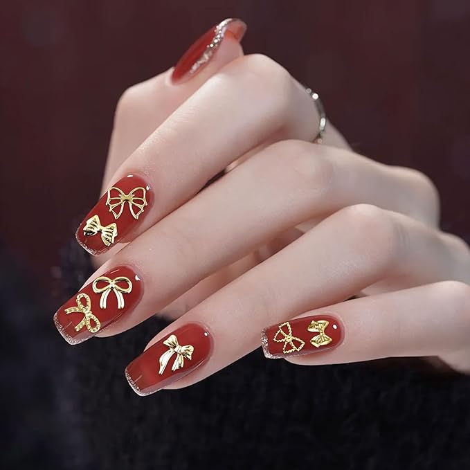 Gold Silver 3D Nail Charms, 2Boxes 24Grids Bow Star Nail Gems Nail Studs,Punk Metal Alloy Rivet Stickers Bowknot Nail Art Decorations Accessories for Nail Art Design DIY Crafts (Gold Silver C)