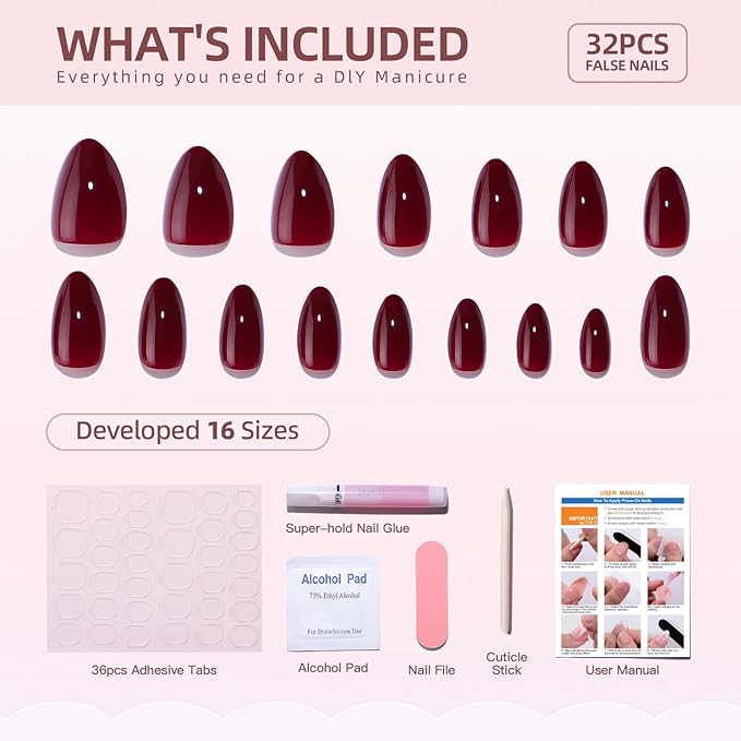 Wine Red Soft Gel Press on Nails Short Fake Nails Almond Shaped Thickened Stick on Nails Full Cover Acrylic Nails Solid Color Designs Glossy False Nails with Nails Glue for Women DIY Manicure