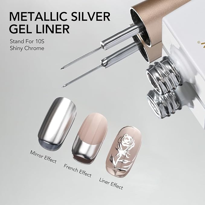 GAOY Metallic Silver Gel Nail Polish Art Liner, 12ml 3D Mirror Chrome Effect Color Nail Paint Design with Thin Brush, UV Light Cure for DIY Manicure at Home