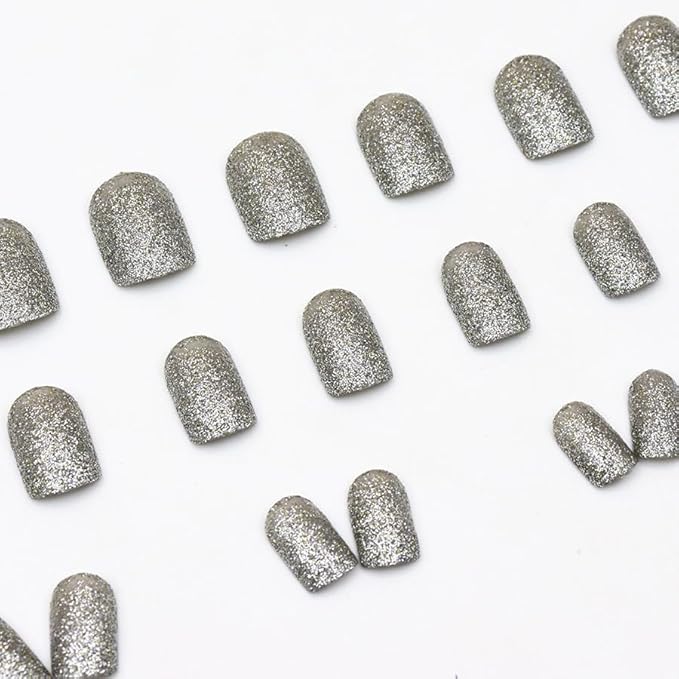 Silver Shiny Glitter Press on Nails Short Square Fake Nails Blasting Designs False Nails Shiny Full Cover Glossy Reusable acrylic Stick on Nails for Women Girls Light Luxury Manicure Decoration 24Pcs
