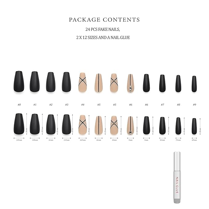 Hypnaughty 24 Pcs Monaco Black Matte and Nude Luxury Design with Rhinestones Coffin Press on Nails with Glue Medium Long Reusable Fake Nails (Monaco)