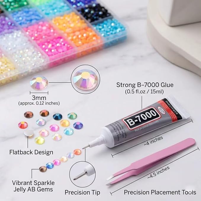 Bedazzling Kit 19200Pcs 3mm Flatback Rhinestones，24 Colors Jelly Resin Gems with 3Pcs B7000 Jewelry Glue for Clothes Crafts Shoes Decor NAI (24 Colors)