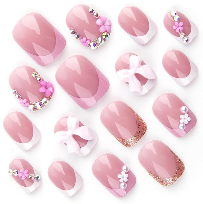 French tips Press on Nails Pink Short Square Fake Nails with 3D Bow Charms Design White Pearl Glue on Nails Glossy Flower False Nail tips Reusable Spring Nails for Women Girls Manicure 24pcs