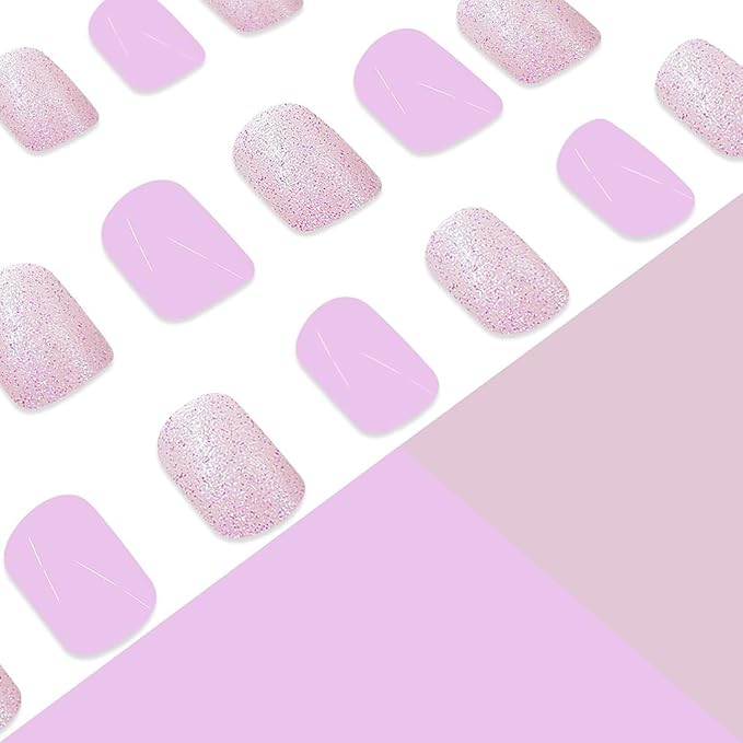 Purple Press on Nails Short Square MABKJLF Fake Nails False Nails with Designs Glitter Solid Colour Full Cover Glossy Glue on Nails Natural Nails Acrylic Nails for Women Girls 24 Pcs