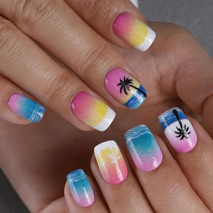 Curvlife Press on Nails Hawaii Acrylic Fake Nails with Short Design Full Cover, Reusable Nail Kit with Nail Glue Adhesive Tabs