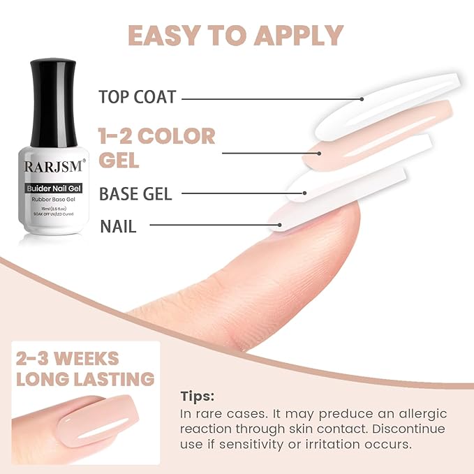 RARJSM Rubber Base Coat Gel Polish Nude Natural Pink Skin Tone Rubberbase Gelpolish for Nails Natural Color French Manicure Extend Soak Off Curing Requires Single Bottle 15ml Salon Home DIY Use