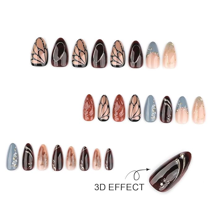 Butterfly Wing Press on Nails Medium Almond Fake Nails Brown Nails Press ons with Gold Accents Full Cover Stick on Nails for Women Spring Summer Manicure,Reusable | Glue Tabs | Easy Apply | 24Pcs