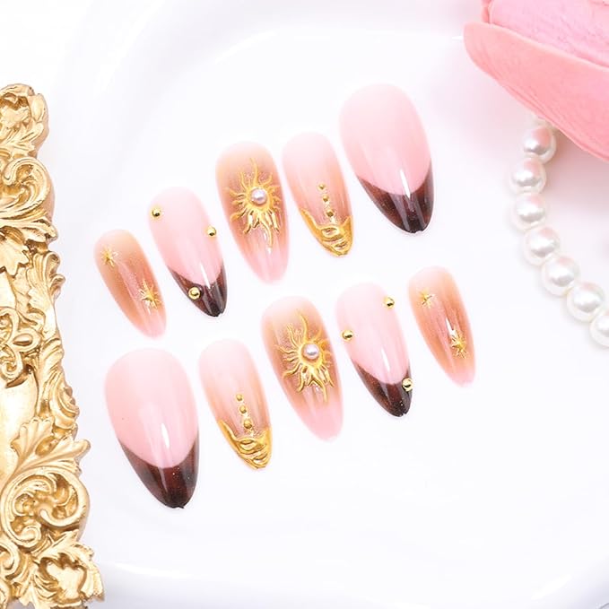 24Pcs Gold French Tip Press on Nails Medium Almond Fake Nails 3D Pearl Sun Star Acrylic Nails Gold Beads Full Cover French Tip False Nails Glossy Chrome Glue on Nails Reusable Stick on Nails for Women