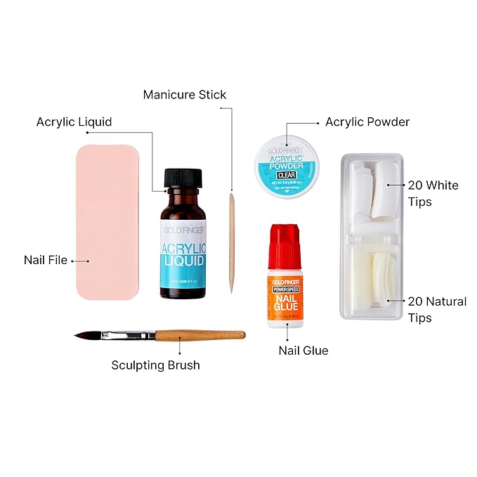 GOLDFINGER Professional French Acrylic Kit, Full Nail Extension System with Acrylic Clear Powder and Liquid, Essential Tools, Nail Glue Included, 40 Tips for French & Natural Styles