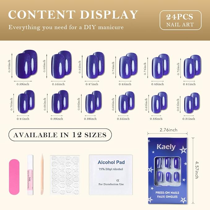 Blue Cat Eye Press on Nails Medium Square, Medium Square Press Stick on Nails Chrome for Women Gift, Blue Holographic Glitter Glossy Reusable Soft Gel Acrylic Fake Nail with Designs Cateye Effect