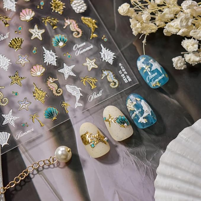 Laser Summer Nail Stickers Gold Starfish Pineapple Nail Art Stickers 3D Self-Adhesive White Dolphin Nail Designs 5D Embossed Ocean Pink Shell Nails Supplies for Women DIY 1 Sheet