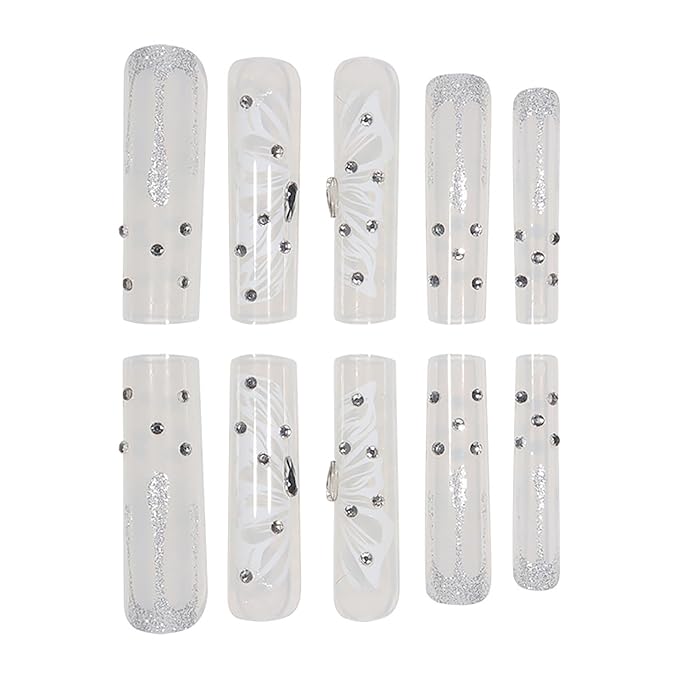 RTKHFZE Long Coffin Press on Nails Cute Acrylic Fake Nails Nude Glitter False Nails with Butterfly Pattern Designs Rhinestone Artificial Nails Full Cover Stick on Nail for Women 24Pcs