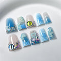 Handmade Nails Thick Press on Nails Medium Duck Nails Blue Fake Nails with Gem Design Reusable Acrylic Nails with Glue 3D Flower Art Nature Stick on Nail Luxury False Nails for Wome (Size M)