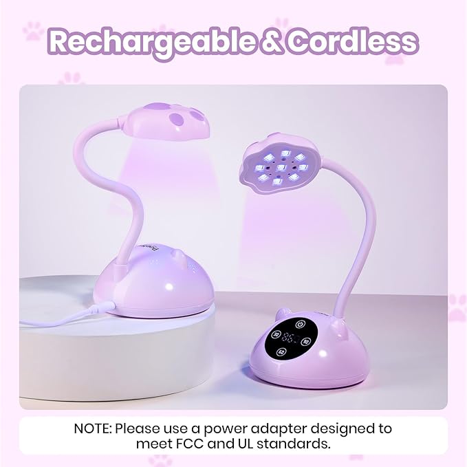 Beetles Gooseneck UV Nail Lamp - Meowgic GrapePurr Mini LED Nail Light with 3 Timer and Countdown Display Flash Cure Lamp for Gel Polish Nails Glue Builder Gel Smart Sensor Cordless Nails Dryer