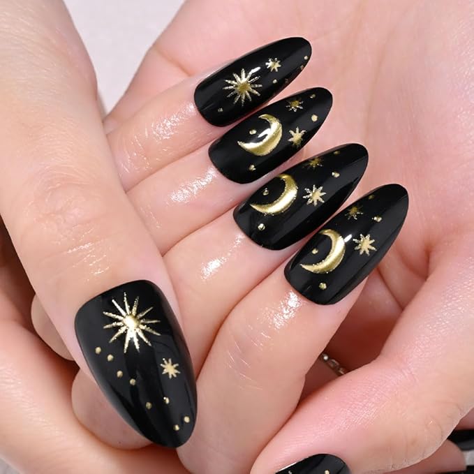 Black Star Moon Press on Nails, Long Almond Acrylic Fake Nails Design, Natural Reusable Glue-On Nails Kit for Women DIY 3D False Nail Art Decoration Gift, Salon Quality Reusable 15/30 Psc