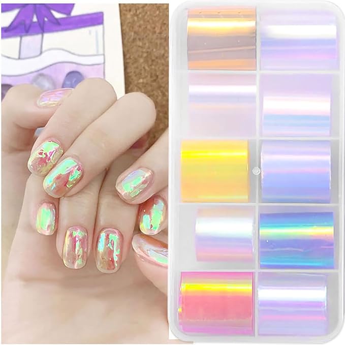 20 Rolls Gradient Aurora Glass Paper Nail Art Sticker 3D Holographic Aurora Glass Reflective Mirror Shard Effect Rainbow Thin Iridescent Cellophane Films Foil Nail Wraps for Women Nail Art