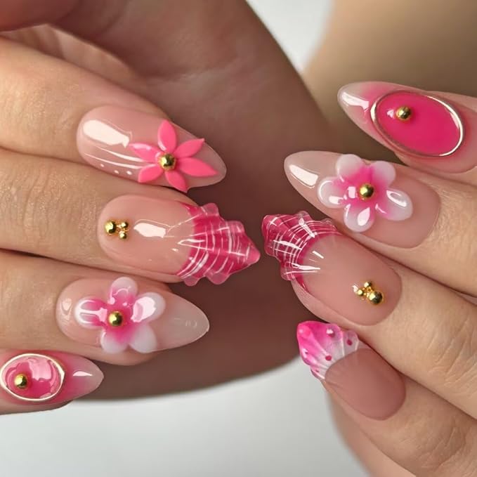 10Pcs Press On Nails Handmade Almond Shaped Fashionable Nail Art for Women, 3D French Floral Fake Nails, Reusable Artificial False Nails Pink Acrylic Nails Kit (Size S)