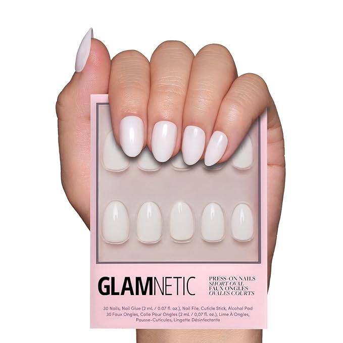 Glamnetic Press On Nails - White Swan Fake Nails | Opaque Classic Off White Short Oval Fake Nails, Salon Quality | 15 Sizes - 30 Nail Kit with Glue
