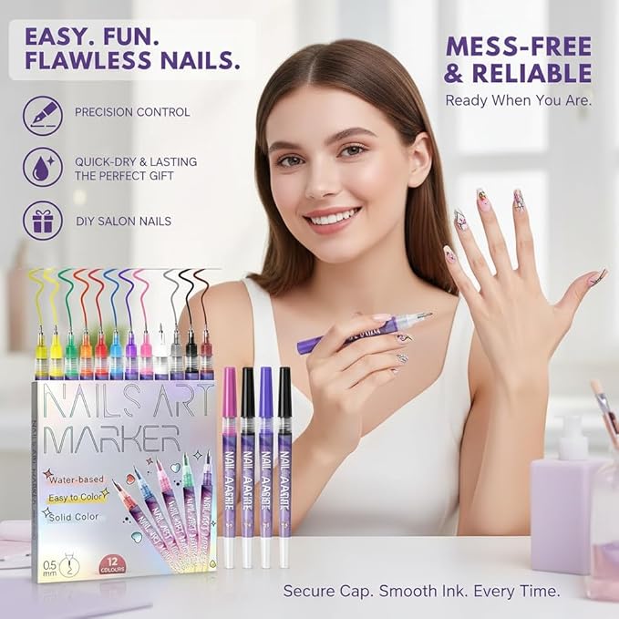 2026 New 12 Colors Nail Art Pens Set, 0.5mm Fine Tip Polish Markers for Drawing - Quick Dry Waterproof DIY Nail Art Kit for Beginners, Gel & Acrylic Nails, Home Salon Manicure Tools (1 Set)