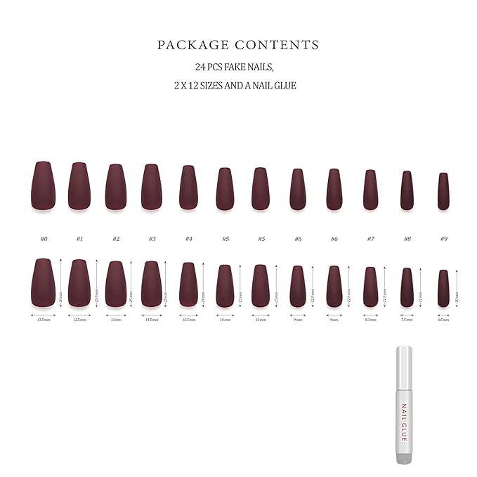 Hypnaughty 24 Pcs Maroon Xtreme Red Matte Coffin Press on Nails with Glue Medium Long Fake Nails Full Cover (Maroon Xtreme)