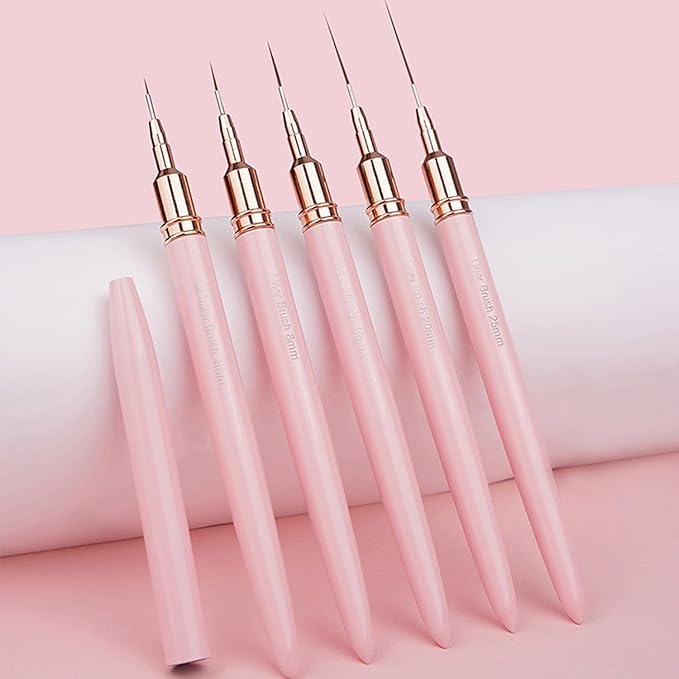 5Pcs Metallic Nail Art Liner Brush Set, UV Gel Polish Painting Tools for Long Lines, Thin Details, Fine Drawing, Sizes 4/8/12/20/25mm (Pink)