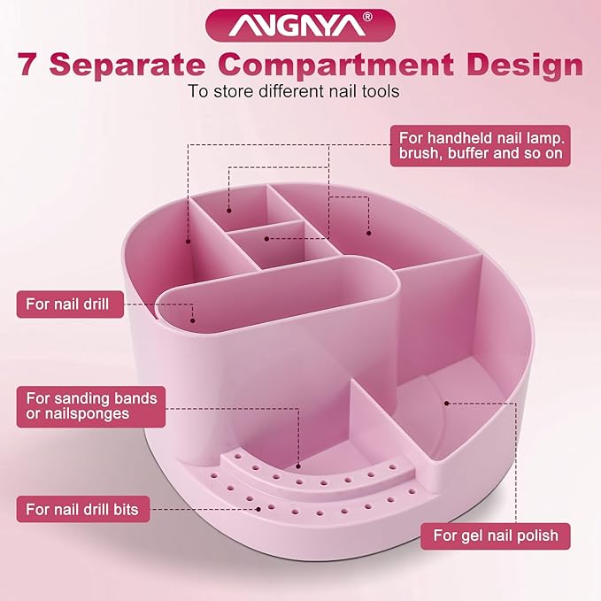 ANGNYA Nail Drill Holder with 7 Compartments & 18 Holes Nail Drill Bit Holder, Professional Nail Desk Storage Organizer Box Case for Nail Station, Salon and Home Use