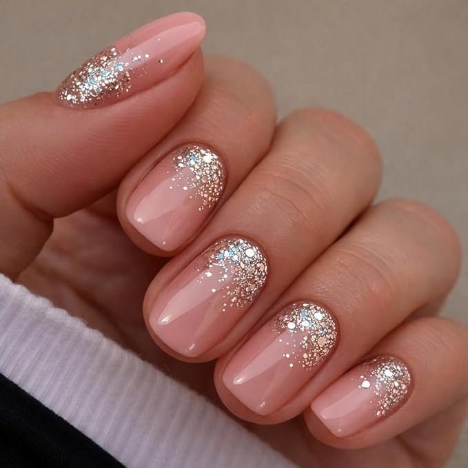 CurvLife Soft Gel Short Press On Nails Square, Long-Lasting Reusable Fake Nails Kit with Glue & Tabs, 30pcs Salon-Quality Stick On Nails for Women At-Home Manicure (Nude Spark)