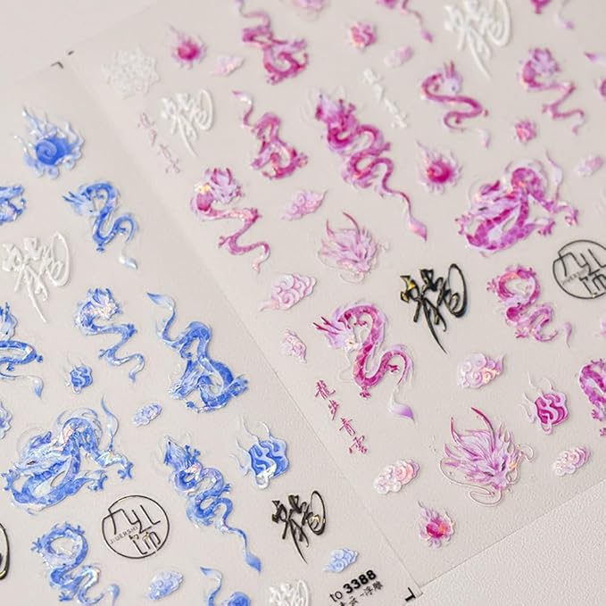 2Sheets Dragon Nail Art Stickers Blue Pink Chinese Totem Character Acrylic Nail Decals for New Year Spring Festival Cool Design Nails Supplies (A Style)