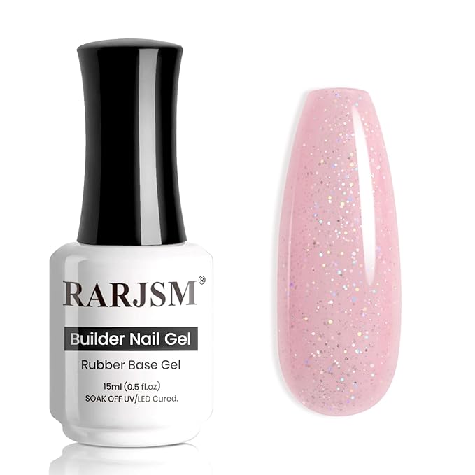 RARJSM Nude Baby Pink Rainbow Glitter Rubber Base Coat Gel Nail Polish Natural Skin Tone Iridescent Shimmer Brush on Extend Jelly Gelpolish Soak Off Curing Requires 15ml Salon Home French Manicure