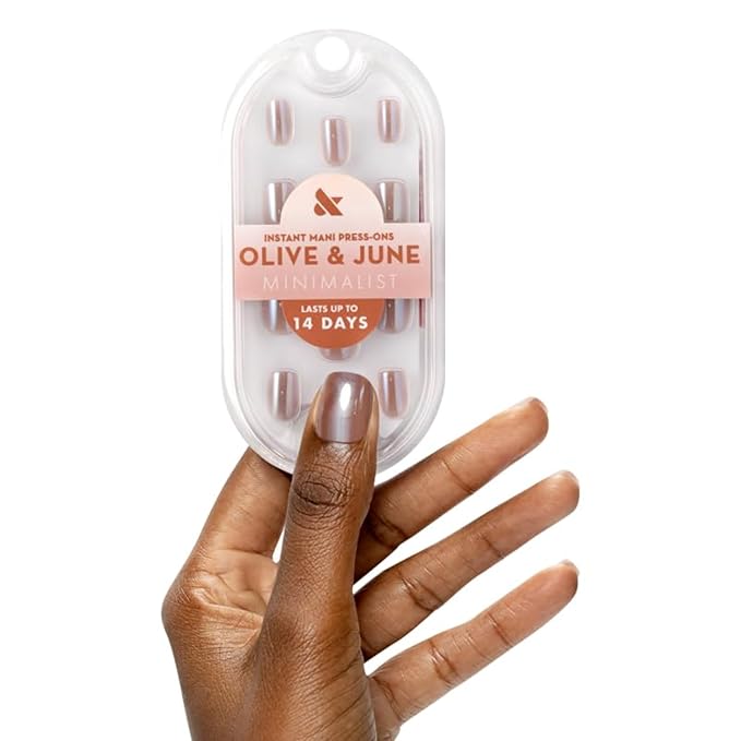 Olive & June Mani Minimalist Instant Press-On Nails (Glue) | 42 Fake Nails, 21 Sizes | Non-Toxic, Long-Lasting Barely-There Look | Spring Flowers & Patterns | Extra Short, Squoval | Taupe Jelly Chrome