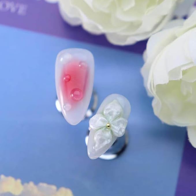 3D Floral Press on Nails Medium Almond Fake Nails Pure Handcrafted Nail Aurora Ombre Nail Press ons with Butterfly Design Stick on Nail for Women Spring Manicure(S)